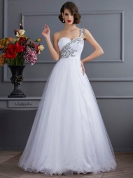 Ball Gown One-Shoulder Sleeveless Beading Long Elastic Woven Satin Quinceanera Dresses