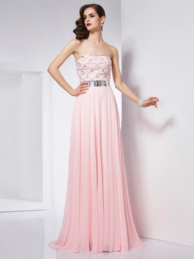 A-Line/Princess Strapless Sleeveless Beading Long Chiffon Dresses