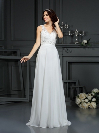 A-Line/Princess V-neck Lace Sleeveless Long Chiffon Wedding Dresses