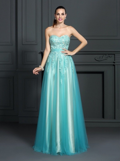 A-Line/Princess Sweetheart Applique Sleeveless Long Elastic Woven Satin Dresses [50263]