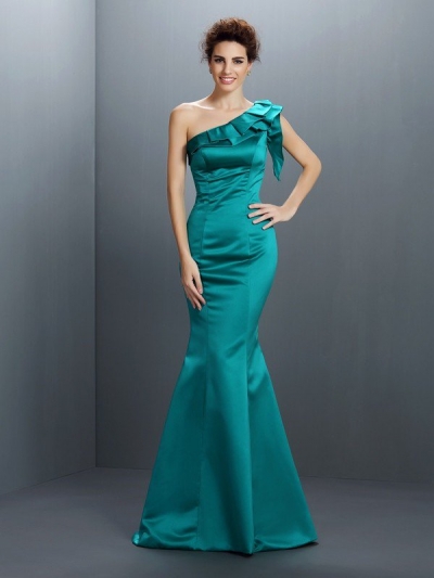 Trumpet/Mermaid One-Shoulder Sleeveless Long Satin Dresses [50286]