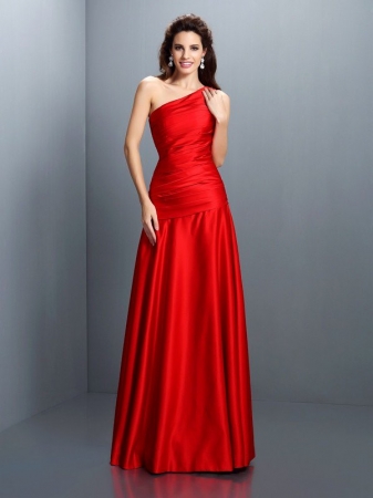 A-Line/Princess One-Shoulder Pleats Sleeveless Long Satin Dresses