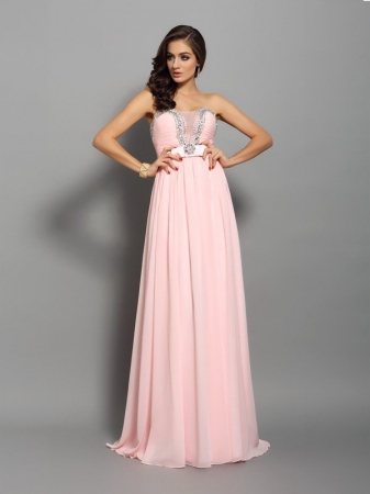 A-Line/Princess Sweetheart Beading Sleeveless Long Chiffon Dresses