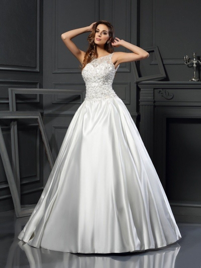 Ball Gown Scoop Applique Sleeveless Long Satin Wedding Dresses [51091]