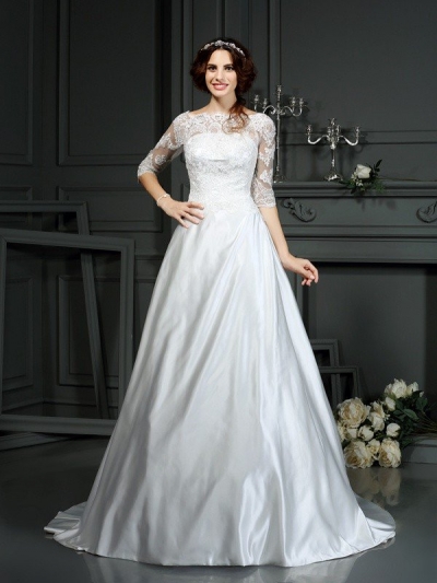 A-Line/Princess Bateau Lace 1/2 Sleeves Long Satin Wedding Dresses [51105]