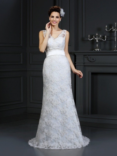 Trumpet/Mermaid Sweetheart Applique Sleeveless Long Lace Wedding Dresses [51114]