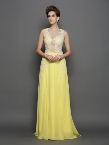 A-Line/Princess Scoop Lace Sleeveless Long Chiffon Dresses