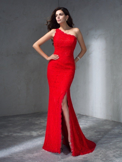 Trumpet/Mermaid One-Shoulder Sleeveless Long Lace Dresses [60054]