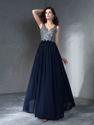 A-Line/Princess V-neck Beading Sleeveless Long Chiffon Dresses