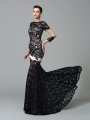 Sheath/Column High Neck Lace 3/4 Sleeves Long Elastic Woven Satin Dresses