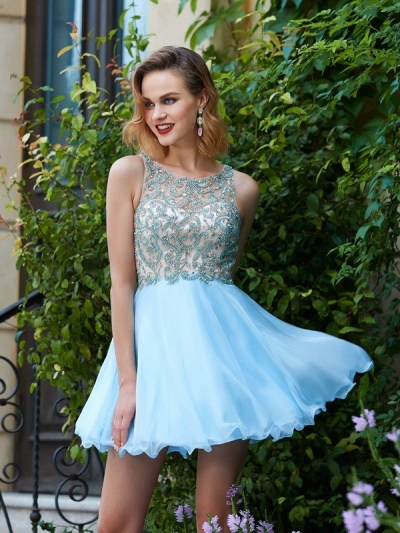 A-Line/Princess Scoop Sleeveless Chiffon Beading Short/Mini Dresses [63026]