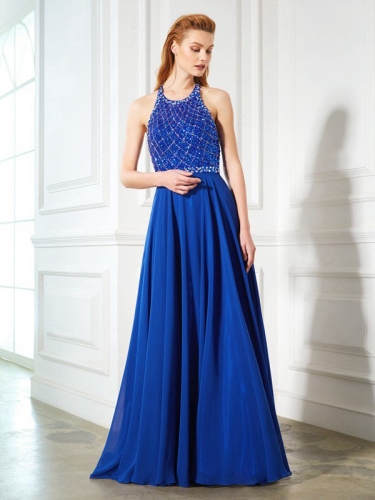 A-Line/Princess Jewel Sleeveless Beading Chiffon Sweep/Brush Train Dresses