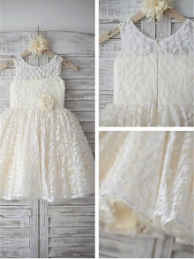 A-line/Princess Sleeveless Scoop Hand-made Flower Floor-Length Lace Flower Girl Dresses