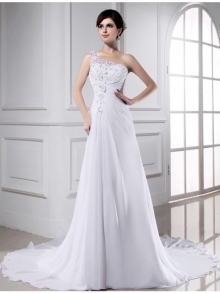 A-Line/Princess Beading One-shoulder Sleeveless Long Chiffon Wedding Dresses