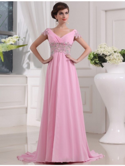 A-Line/Princess V-neck Long Short Sleeves Beading Chiffon Dresses [N13ZAYS5629]