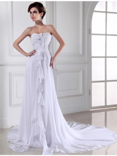 Sheath/Column Hand-made Flower Sweetheart Sleeveless Chiffon Long Wedding Dresses