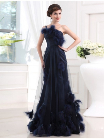 Trumpet/Mermaid One-shoulder Sleeveless Long Satin Tulle Feathers/Fur Dresses [N13ZAYS5644]