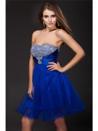 A-Line/Princess Strapless Beading Sleeveless Short Net Elastic Woven Satin Cocktail Dresses