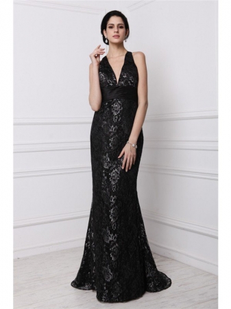 Sheath/Column V-neck Sleeveless Long Lace Dresses