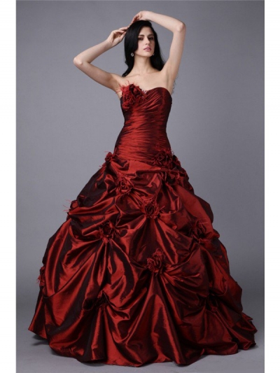 Ball Gown Strapless Sleeveless Hand-Made Flower Long Taffeta Dresses