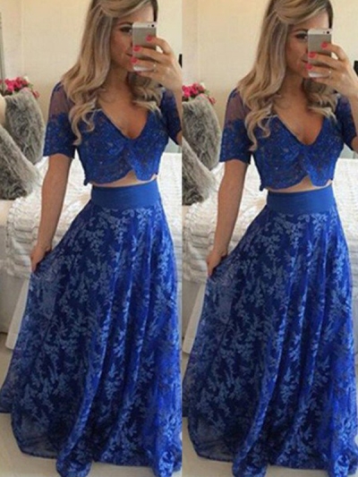 A-Line/Princess V-neck Short Sleeves Floor-Length Lace Two Piece Dresses [PO16033PO400]