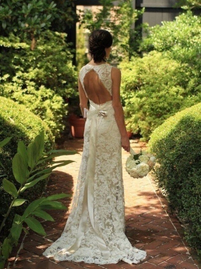 Sheath/Column Sleeveless Lace V-neck Sweep/Brush Train Wedding Dresses