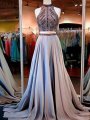 A-Line/Princess Sleeveless High Neck Satin Beading Sweep/Brush Train Two Piece Dresses