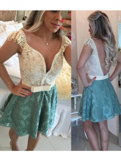 A-Line/Princess Sleeveless V-neck Beading Lace Short/Mini Dresses [PO16033PO676]