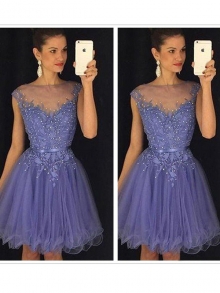 A-Line/Princess Sleeveless Scoop Applique Tulle Short/Mini Dresses