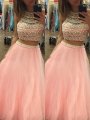 A-Line/Princess Halter Sleeveless Tulle Floor-Length Beading Two Piece Dresses