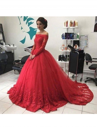 Ball Gown Off-the-Shoulder Long Sleeves Lace Tulle Sweep/Brush Train Dresses [PON1506EV694]