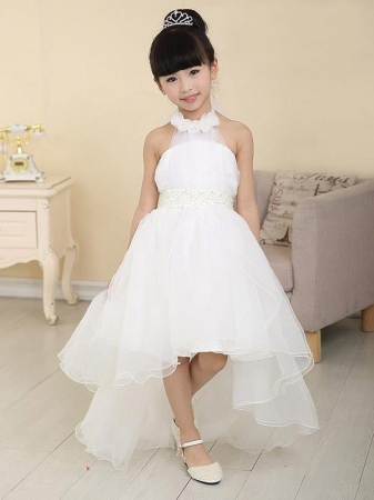 A-line/Princess High Neck Sleeveless Beading High Low Organza Flower Girl Dresses