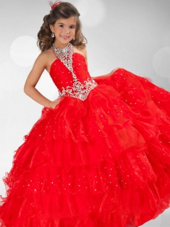 Ball Gown Halter Sequin Rhinestone Sleeveless Long Organza Flower Girl Dresses