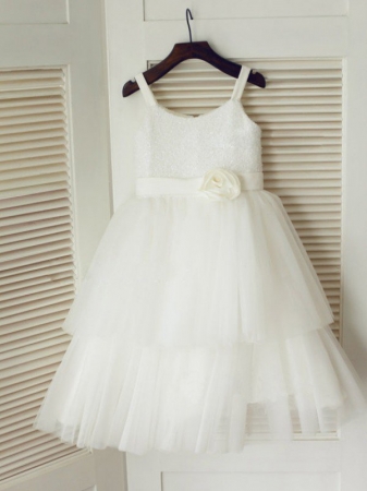 A-line/Princess Spaghetti Straps Sleeveless Hand-Made Flower Long Tulle Dresses