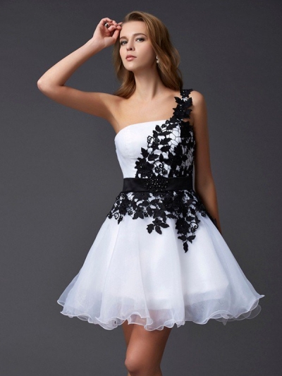 A-Line/Princess One-Shoulder Sleeveless Lace Short Organza Homecoming Dresses [40015]