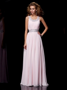 A-Line/Princess Scoop Sleeveless Beading Long Chiffon Dresses