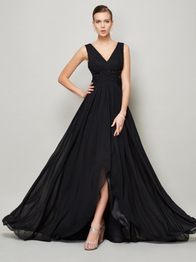 A-Line/Princess V-neck Sleeveless Beading Long Chiffon Dresses [40280]