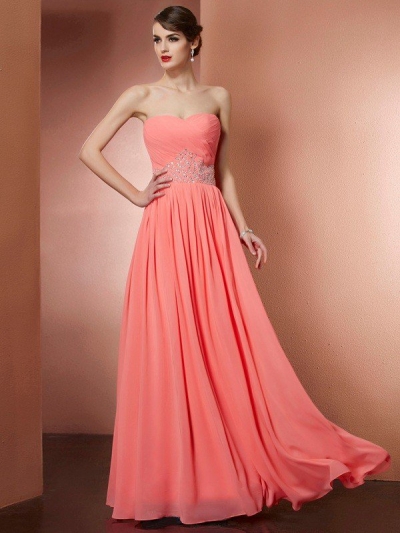 A-Line/Princess Strapless Sleeveless Pleats Beading Long Chiffon Dresses [40441]