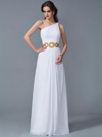 Sheath/Column One-Shoulder Sleeveless Beading Long Chiffon Dresses