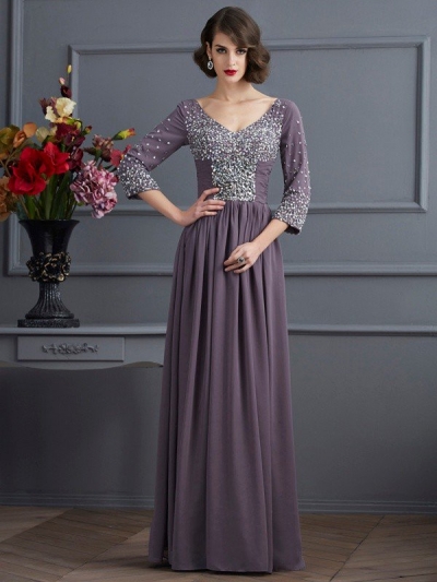 Sheath/Column V-neck 3/4 Sleeves Beading Long Chiffon Mother of the Bride Dresses [40688]