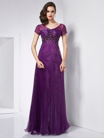 A-Line/Princess V-neck Short Sleeves Beading Long Organza Dresses