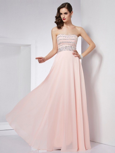 A-Line/Princess Strapless Sleeveless Beading Long Chiffon Dresses [40767]