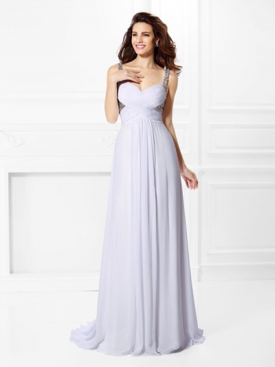 A-Line/Princess Straps Pleats Beading Sleeveless Long Chiffon Dresses [50105]