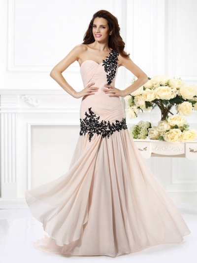 A-Line/Princess One-Shoulder Beading Applique Sleeveless Long Chiffon Dresses [50251]