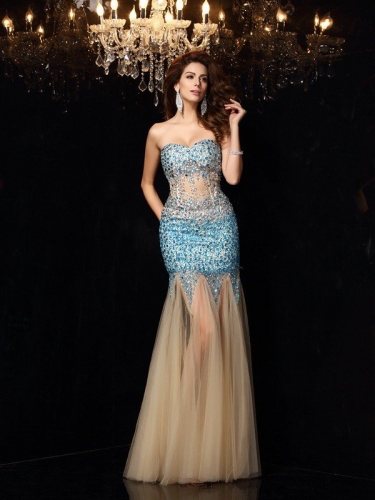 Sheath/Column Sweetheart Beading Sleeveless Long Net Dresses