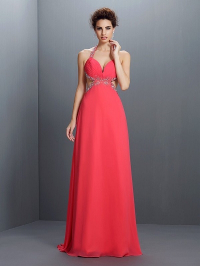 A-Line/Princess Halter Beading Sleeveless Long Chiffon Dresses [50315]