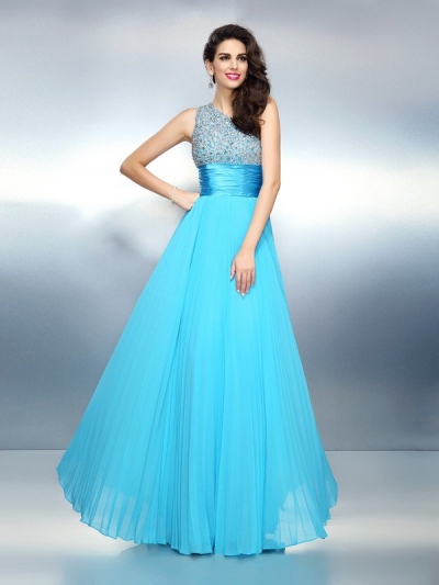 A-Line/Princess One-Shoulder Beading Sleeveless Long Chiffon Dresses [50318]