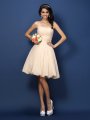 A-Line/Princess Strapless Hand-Made Flower Sleeveless Short Chiffon Bridesmaid Dresses