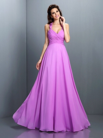 A-Line/Princess Halter Pleats Sleeveless Long Chiffon Bridesmaid Dresses