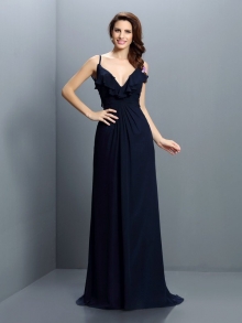 A-Line/Princess Spaghetti Straps Pleats Sleeveless Long Chiffon Bridesmaid Dresses